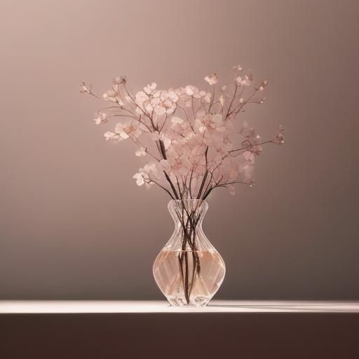 A single cherry blossom branch, Liminal Singular, The stem in a crystal-clear vase against a black background, a single ...