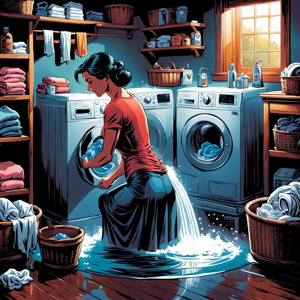 Mother Washing Clothes in Comic Book Style