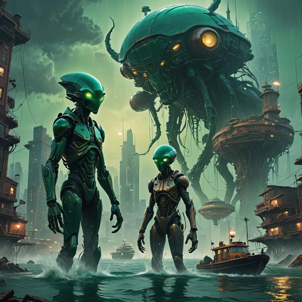Aliens on Floating City: Fantastical Concept Art