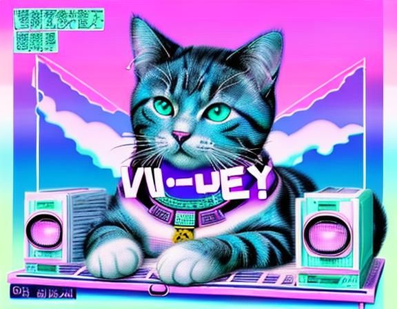 Vaporwave Cat with Glitches and Japanese Text