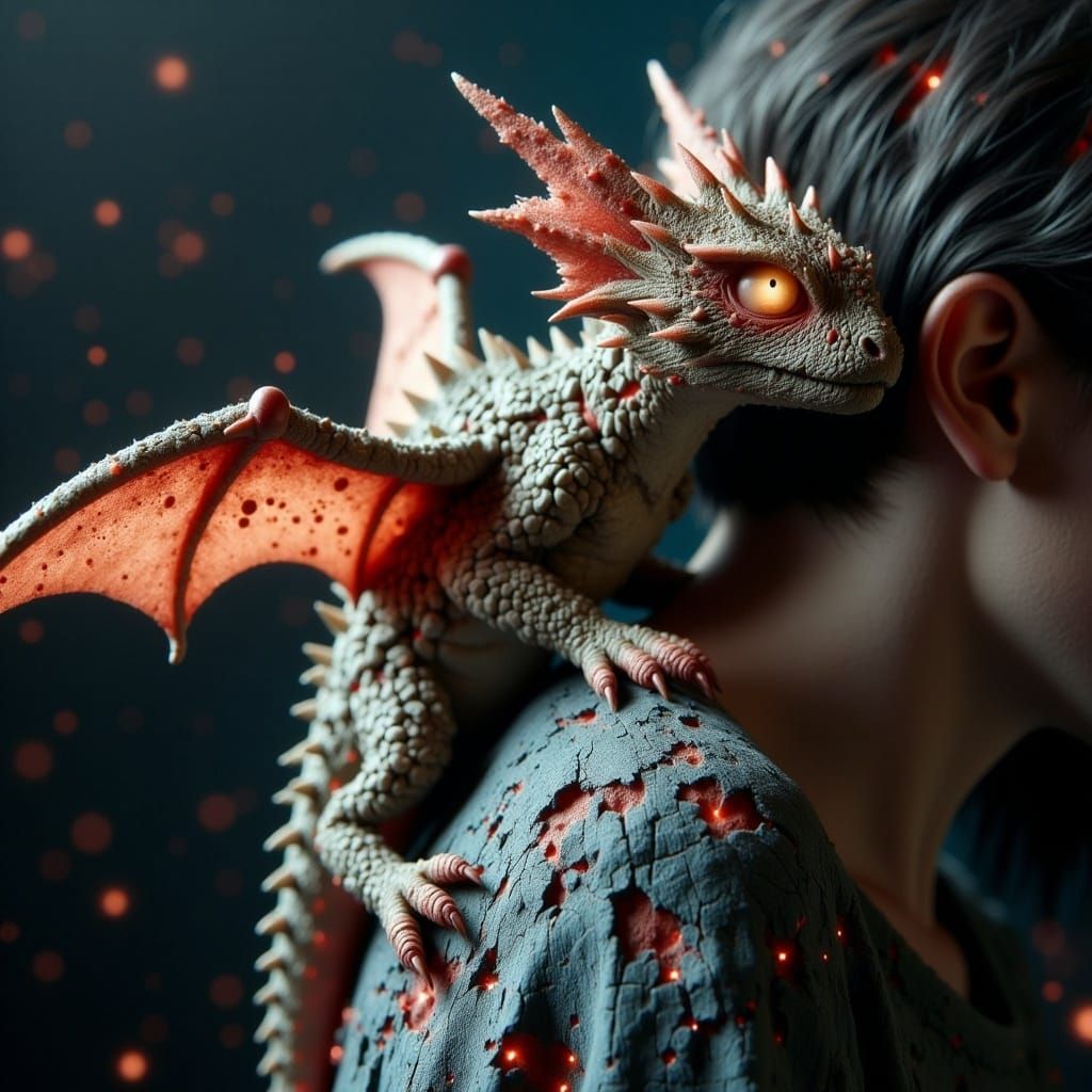 Mini Dragon on Girl's Shoulder, Ink Splatter Art