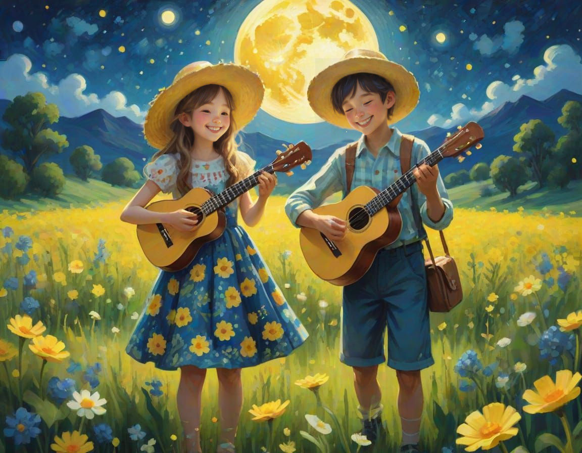 Boy in Straw Hat Plays Ukulele Under Full Moon