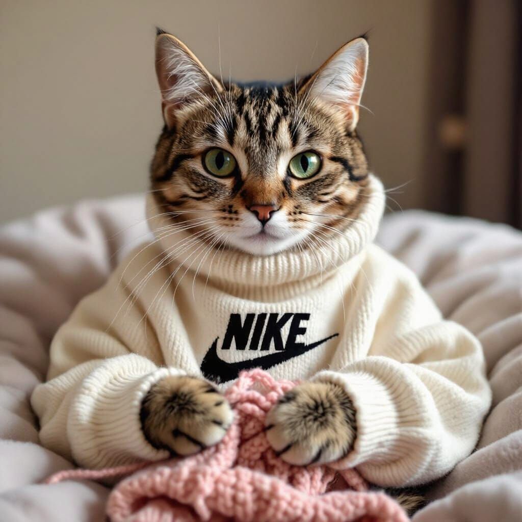 Cute Cat Knitting a Nike Sweatshirt