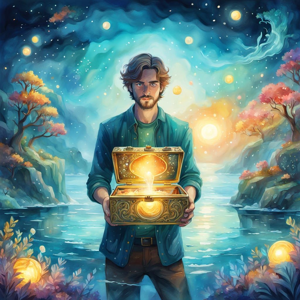 Surreal Fantasy Scene of a Man in a Magical Sea with a Pando...