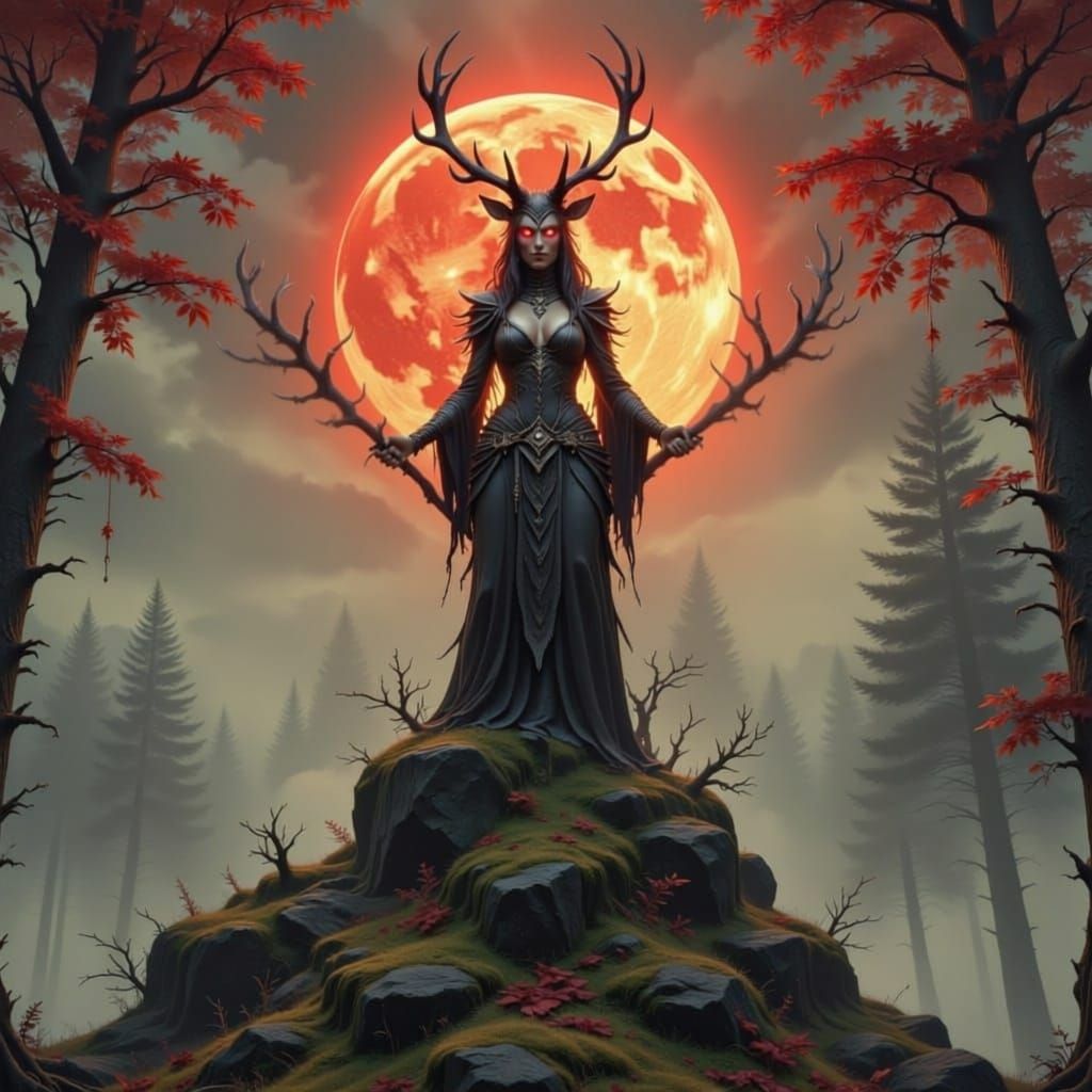 Antlered Sorceress Summons Autumn Vortex on Ruin