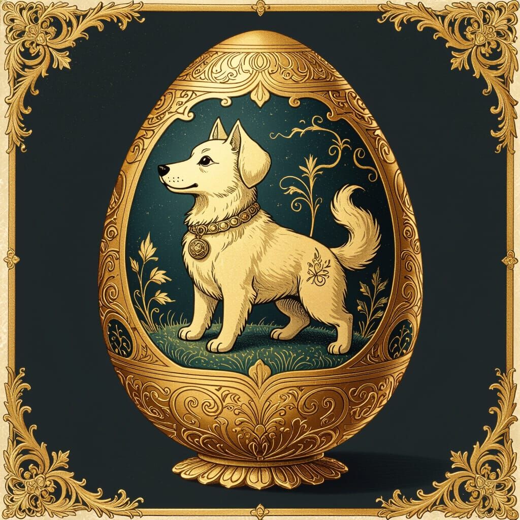 Golden Egg with Dog Creature, Etched Art Style