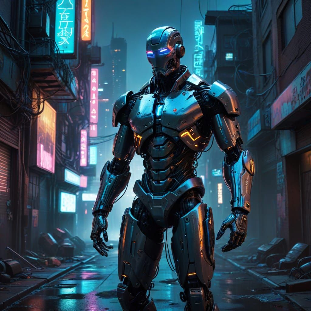 Cyborg George Floyd Confronts the City in Neon Noir