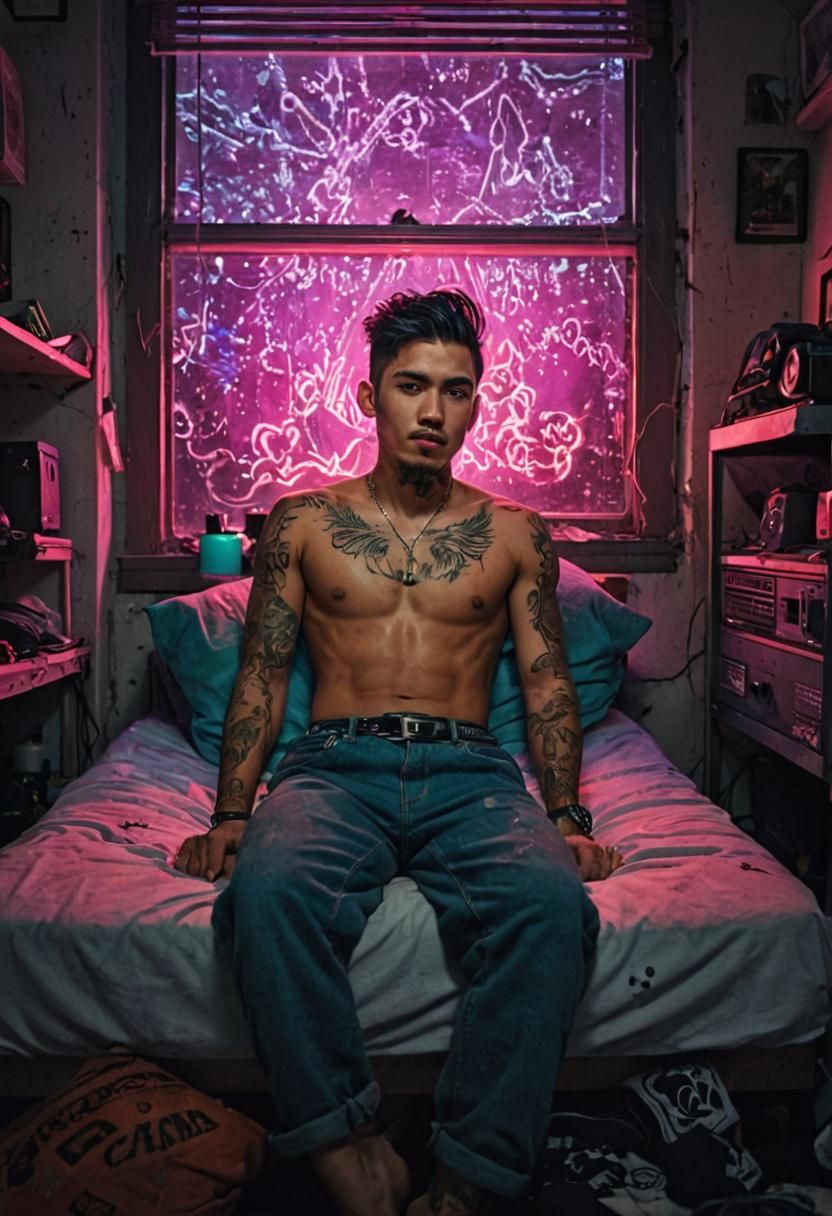 A young man of mixed Asian and Latino ethnicity, about 27 years old, reclines on his messy bed in a tiny, cluttered apar...