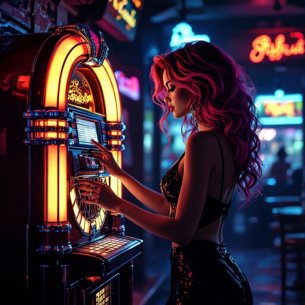 Woman Chooses Song at Glowing Modern Jukebox