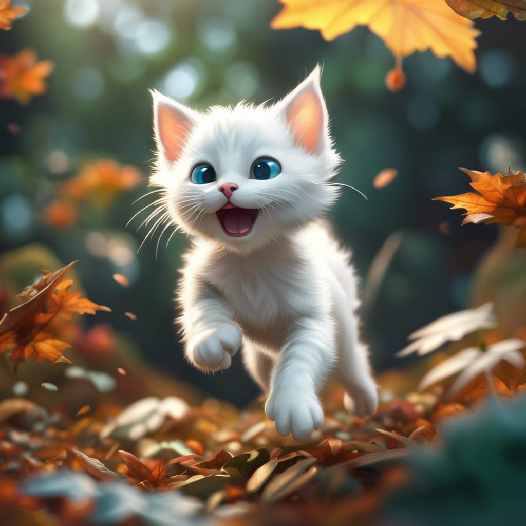 Cute Kitten Playing in Autumn Leaves