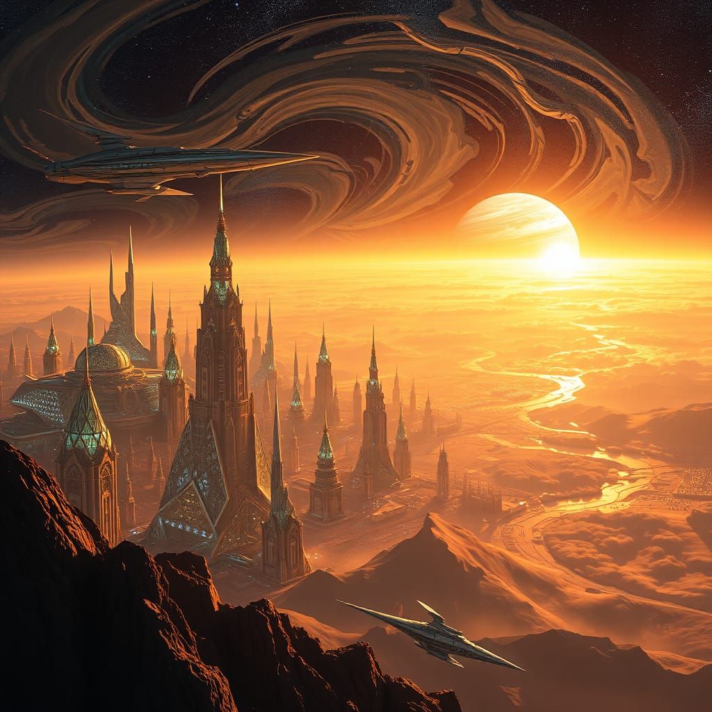 A metropolis on another planet with mother-of-pearl glazing and slender, spires reaching for the sky.