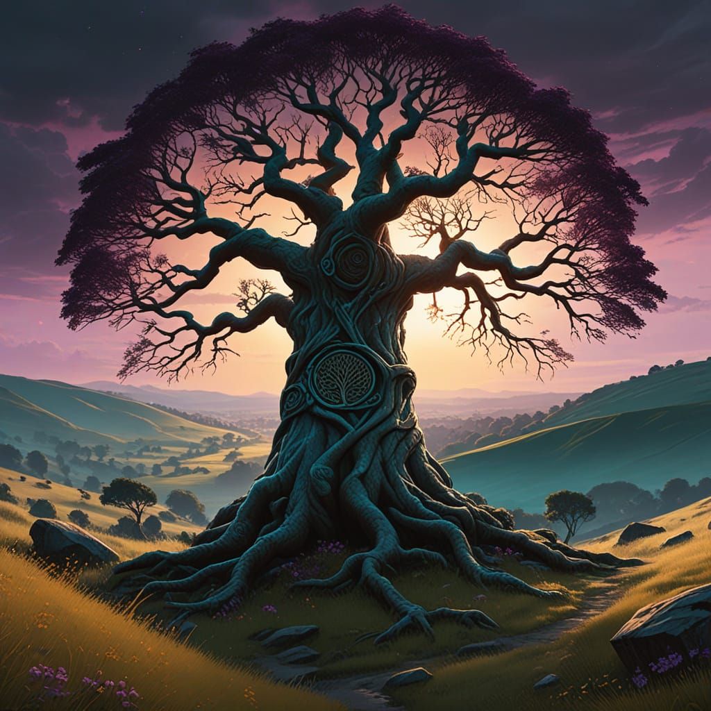 Majestic Celtic Tree of Life in Serene Countryside