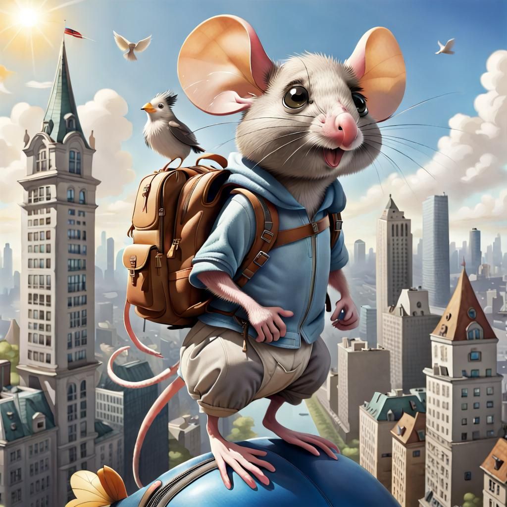 Mouse Rides Giant Bird Over Sunny City