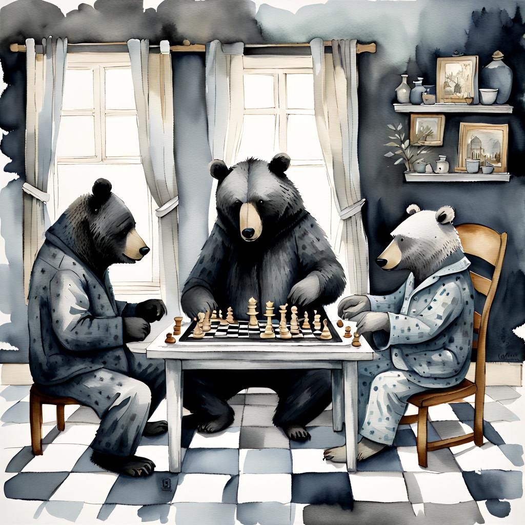 Beatnik Bears Engage in Whimsical Chess Match in Cozy Bedroo...