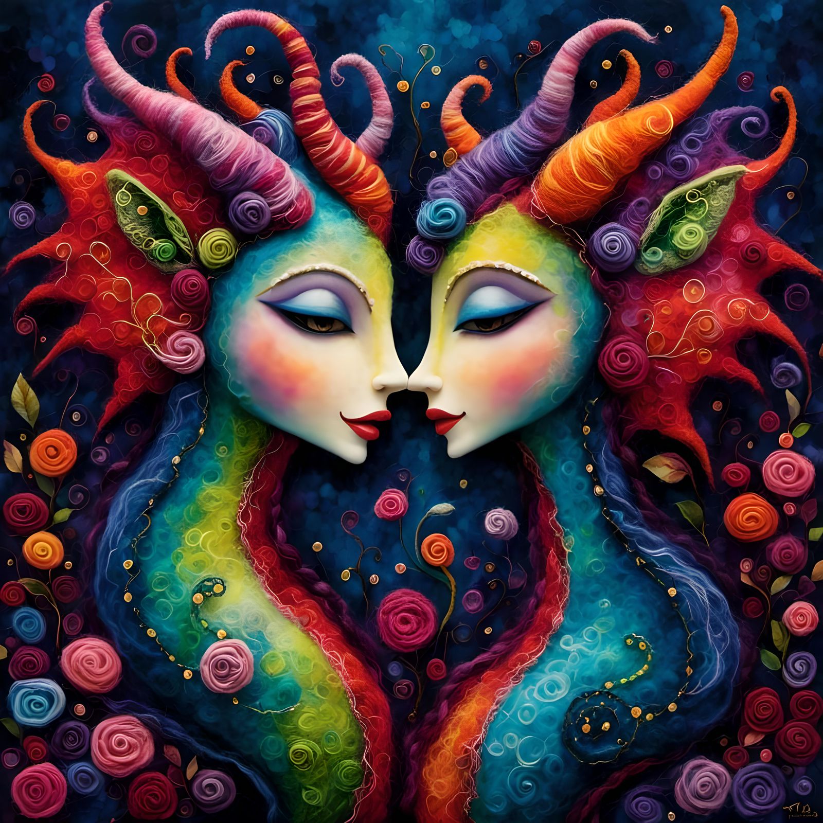 Felted Wool Dragon Couple in Whimsical Art Brut