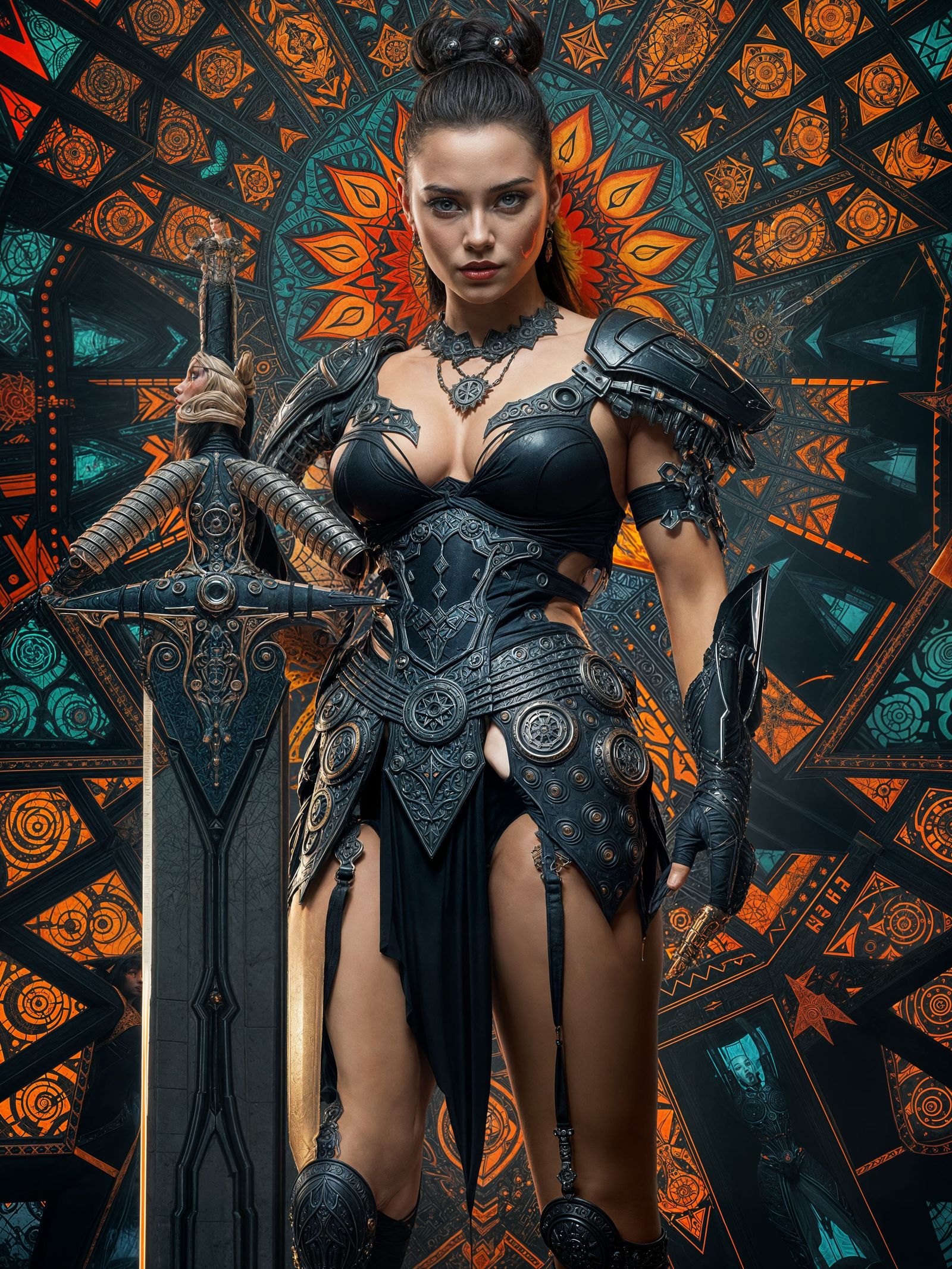 Athletic Woman in Demonic Armor with Biomechanical Sword
