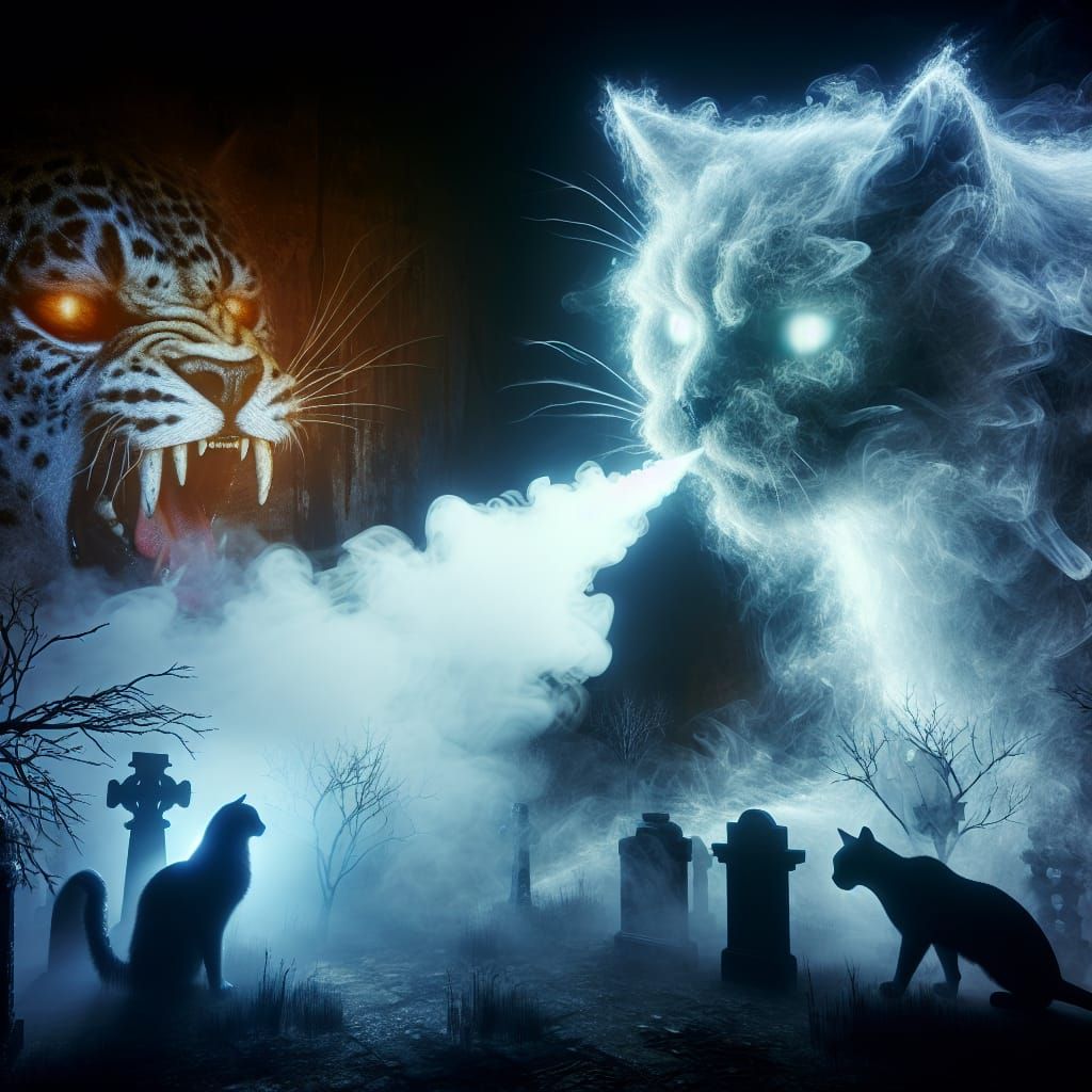 Ethereal Ghost Cat in Abandoned Cemetery