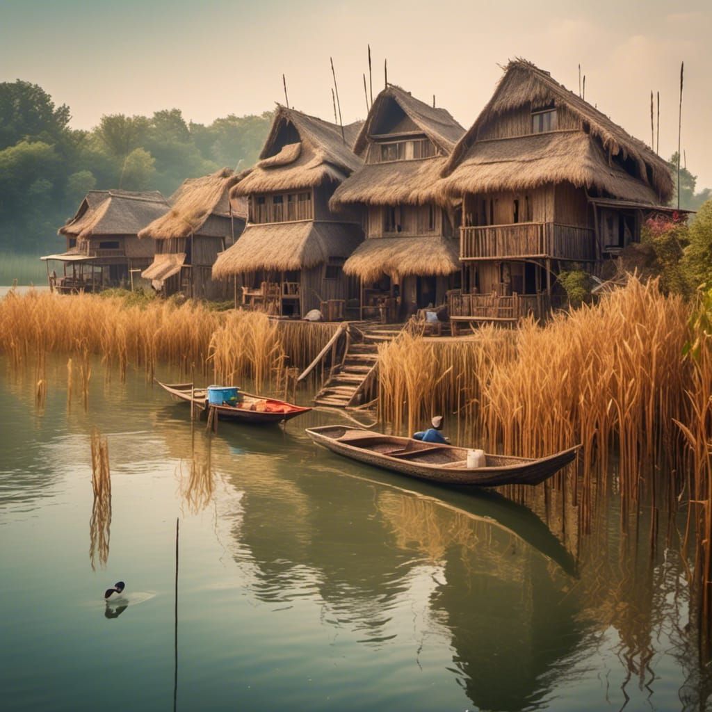 Stilt Houses on a Lake: Hyperrealistic Village Scene