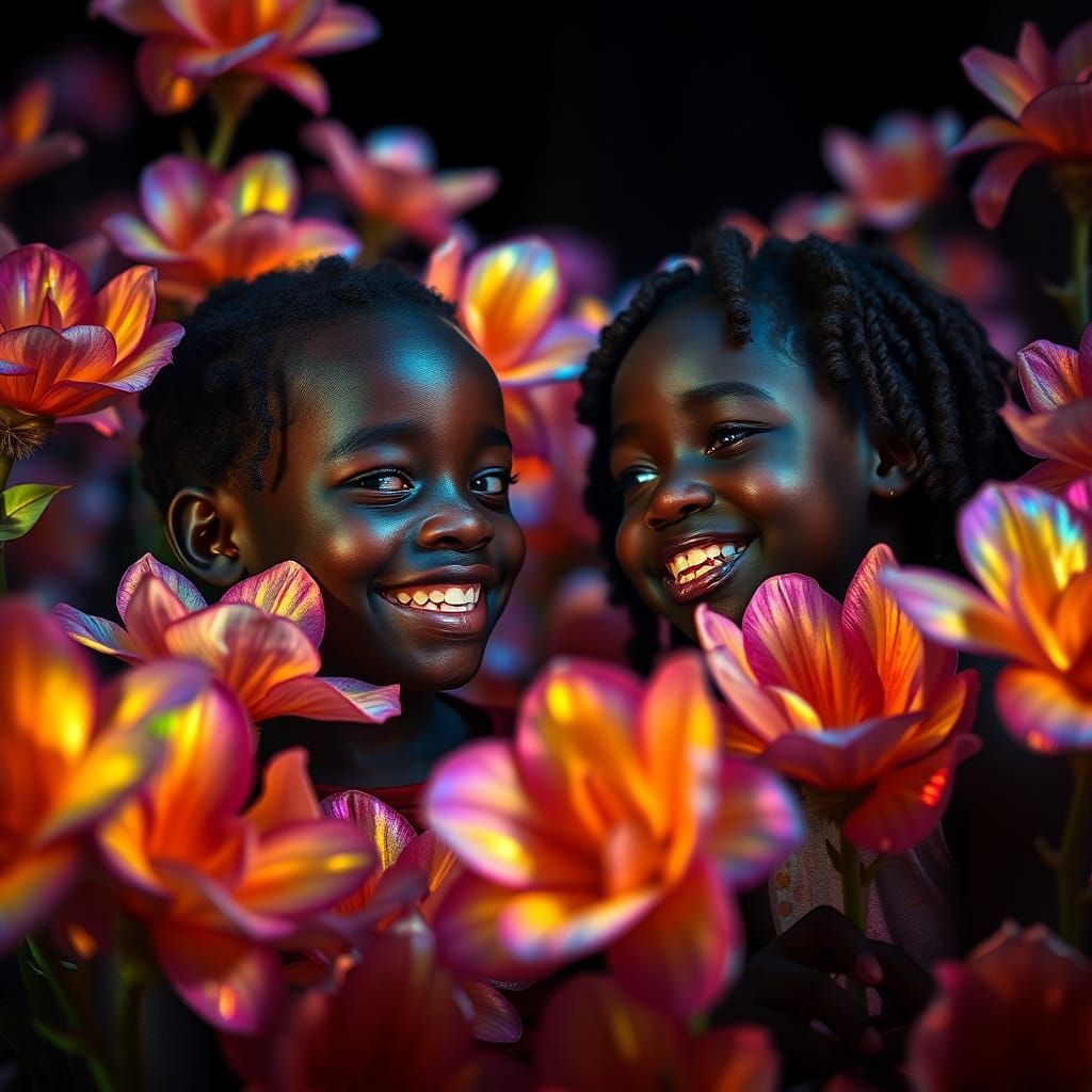 Children Chatting Surrounded by Iridescent Flowers