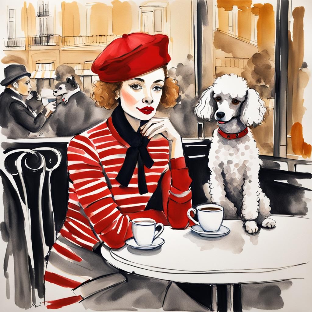 Parisian Cafe Scene in Ink Wash Style