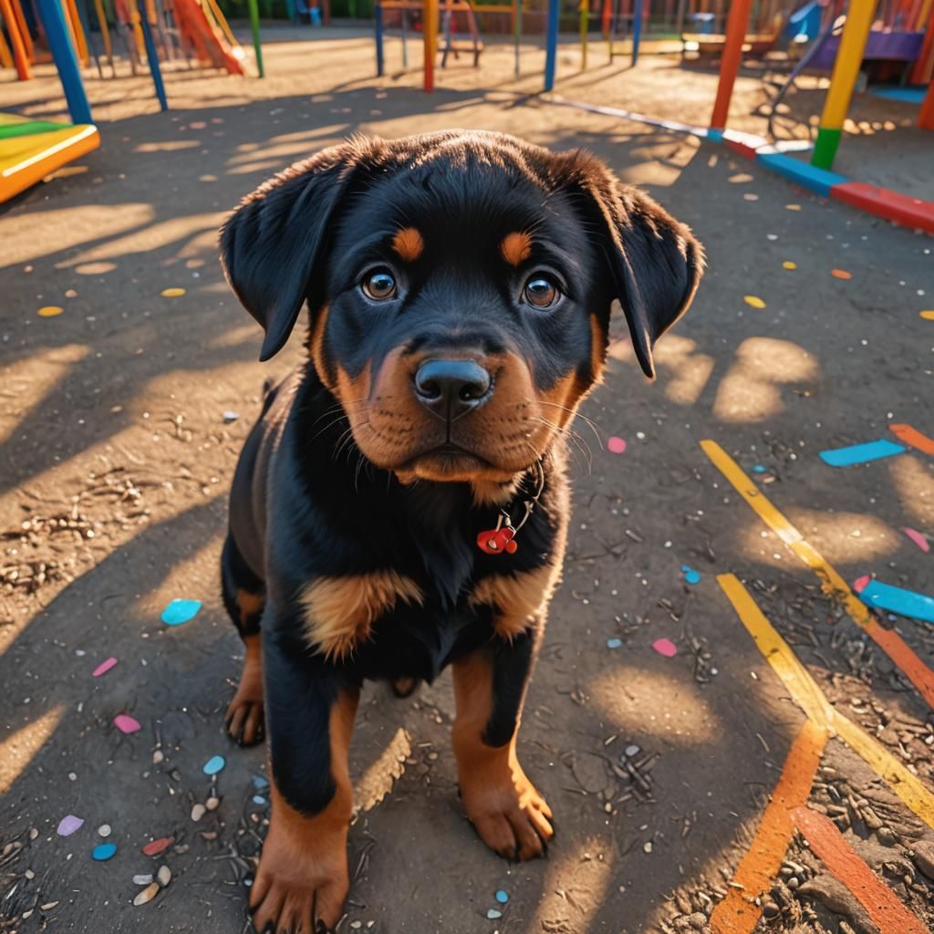 Playful Rottweiler Puppy in Colorful Playground: Hyper-Reali...