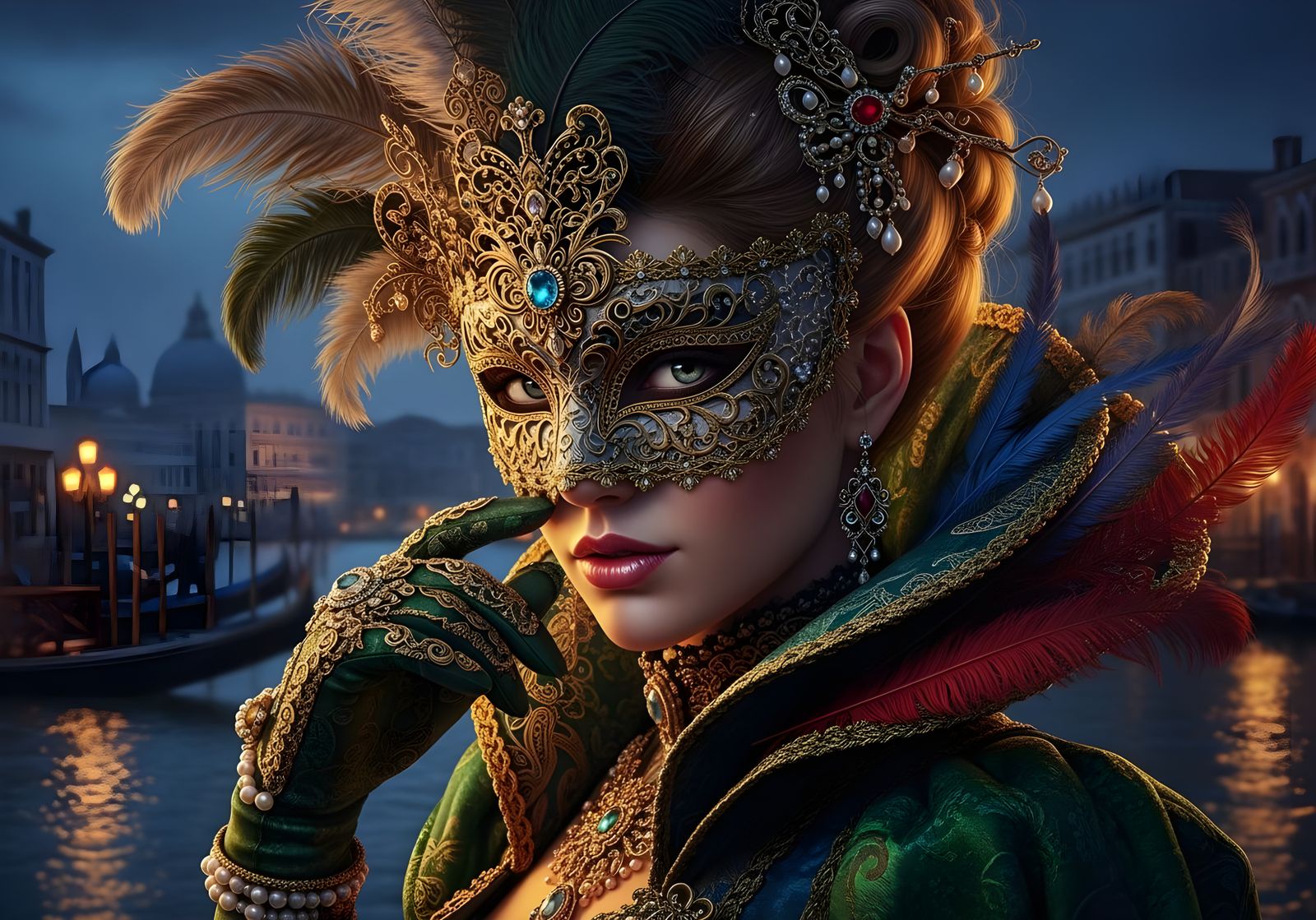 Elegant Woman at Venice Masquerade in Digital Painting