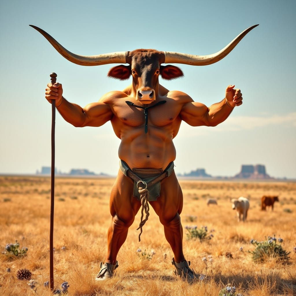 Texas Longhorn Minotaur in a Serene Prairie Landscape