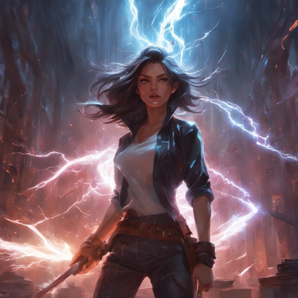 Anime Woman Morphing into Lightning, Detailed Rendering