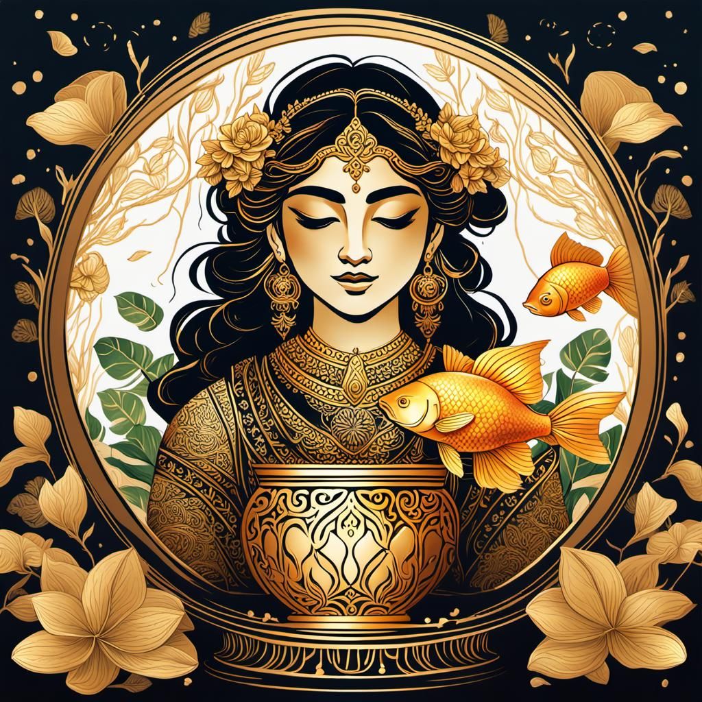 Radha in Goldfish Bowl: Ornate Mythology Illustration