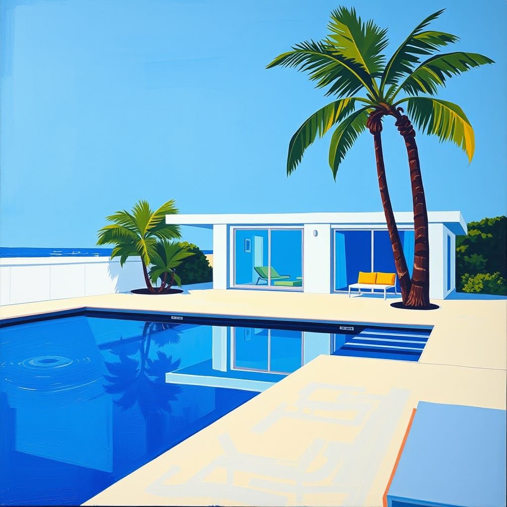 Mondrian-Inspired Minimalist Beach Scene with Neon Accents