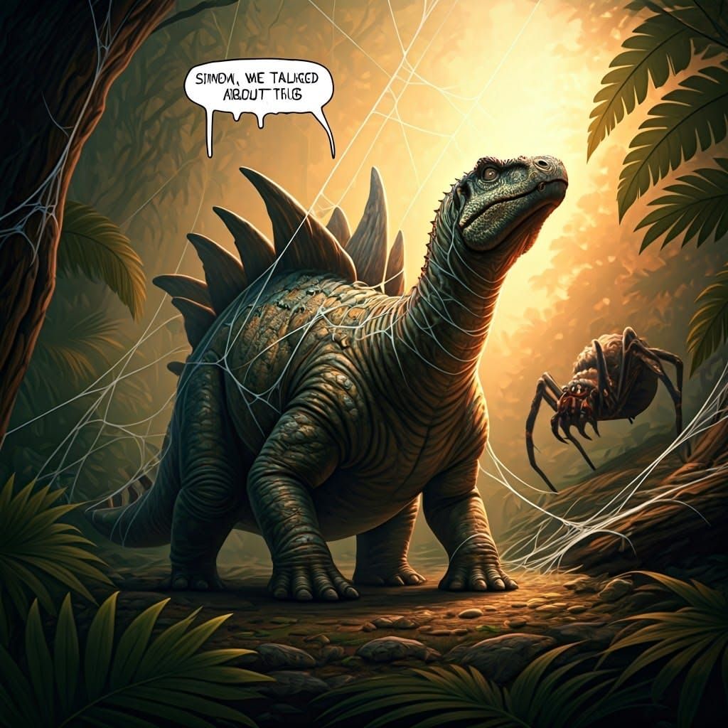 Stegosaurus Entangled in Spider's Web in Fantastical Style
