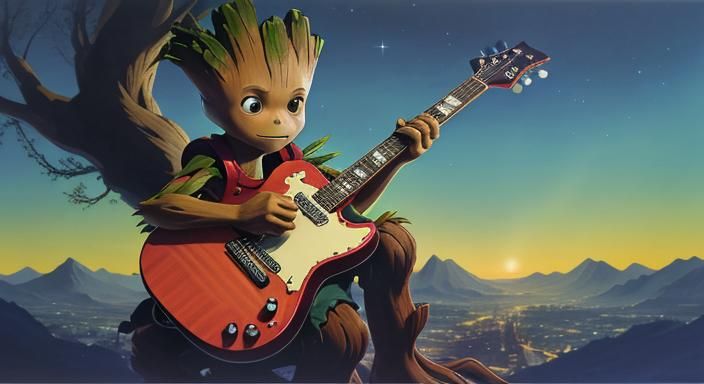 Cute Ghibli Groot Playing Guitar in Anime Style