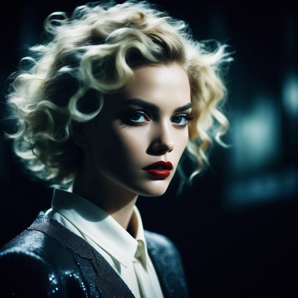 Glamorous Blonde Film Star in High-Contrast Cinematic Settin...