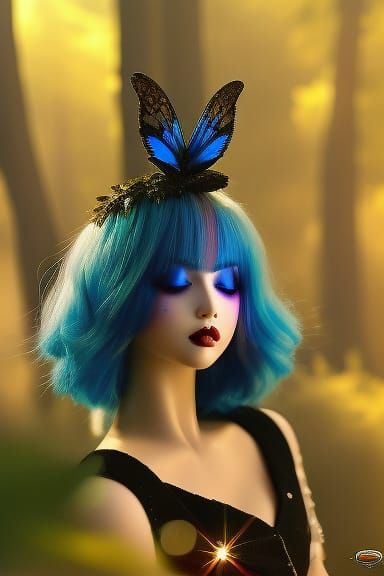 Fairies Kissing with Blue Wings, Hyperrealistic Style