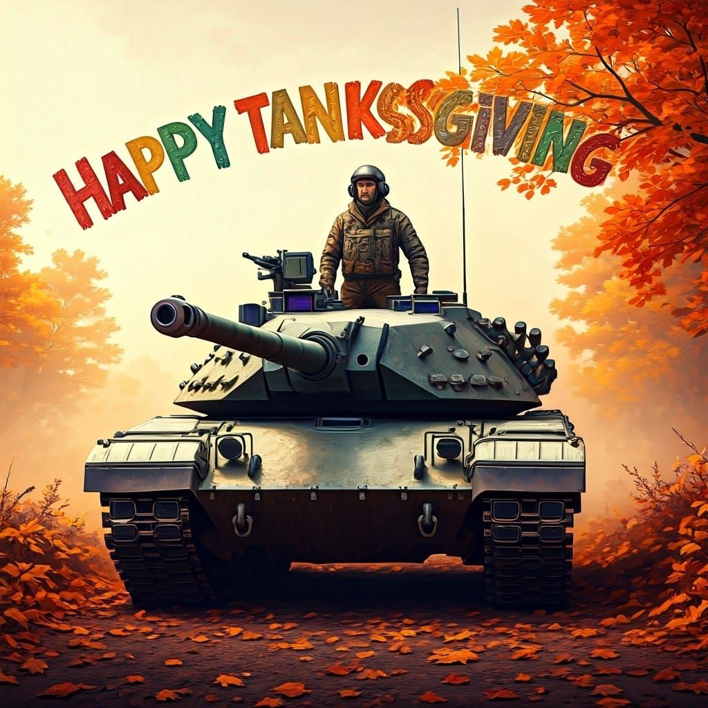 Large Army tank with gunner, text 'Happy Tanksgiving'