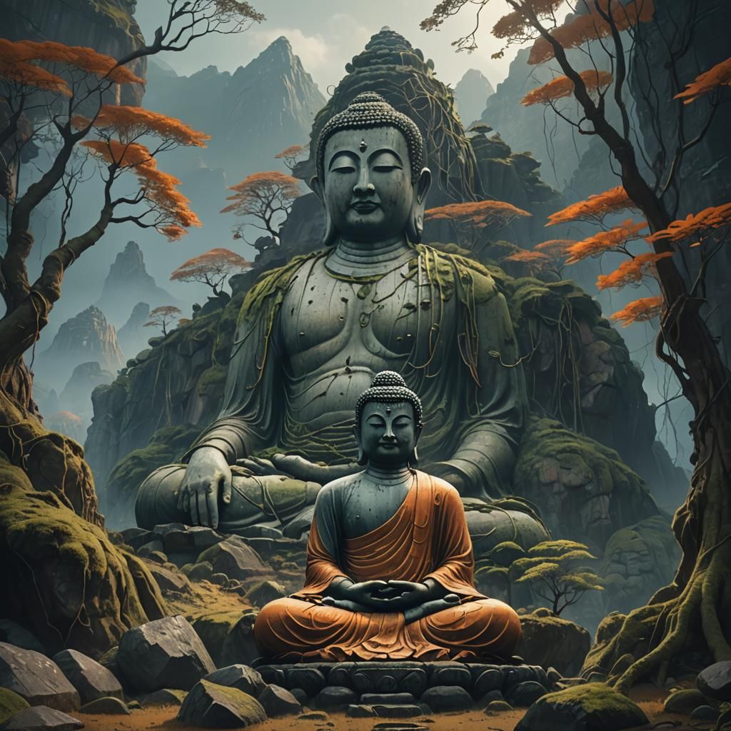 Lord Buddha Meditating in Mountain: Fantasy Concept Art