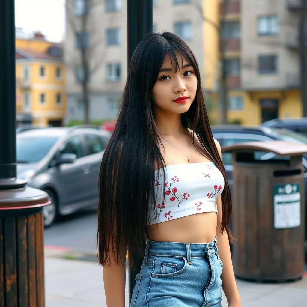 Woman with Cherry Blossoms in Urban Street Photography Style