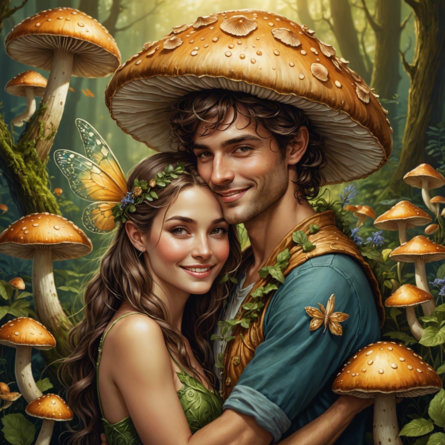 Fairytale Couple Cuddling on Mushroom Cap