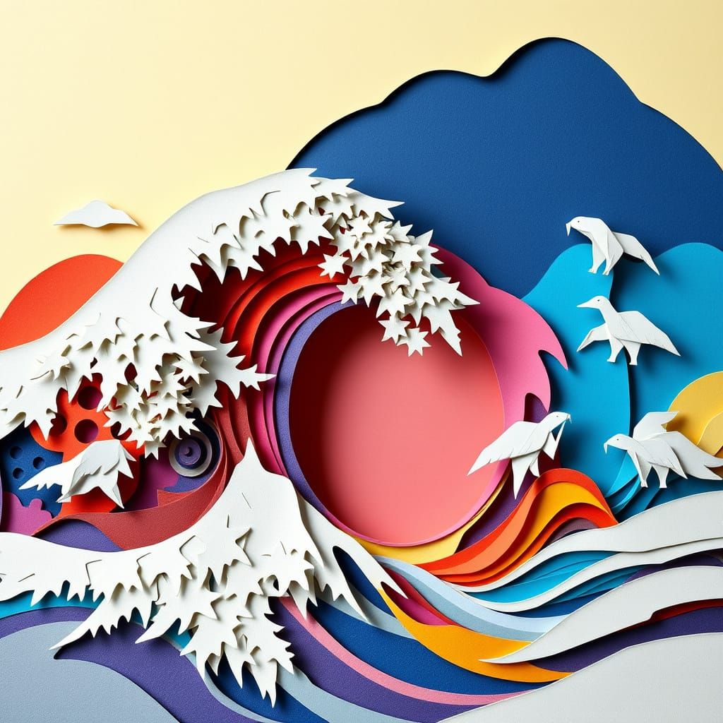 The Great Wave in Multicolored Papercut Collage