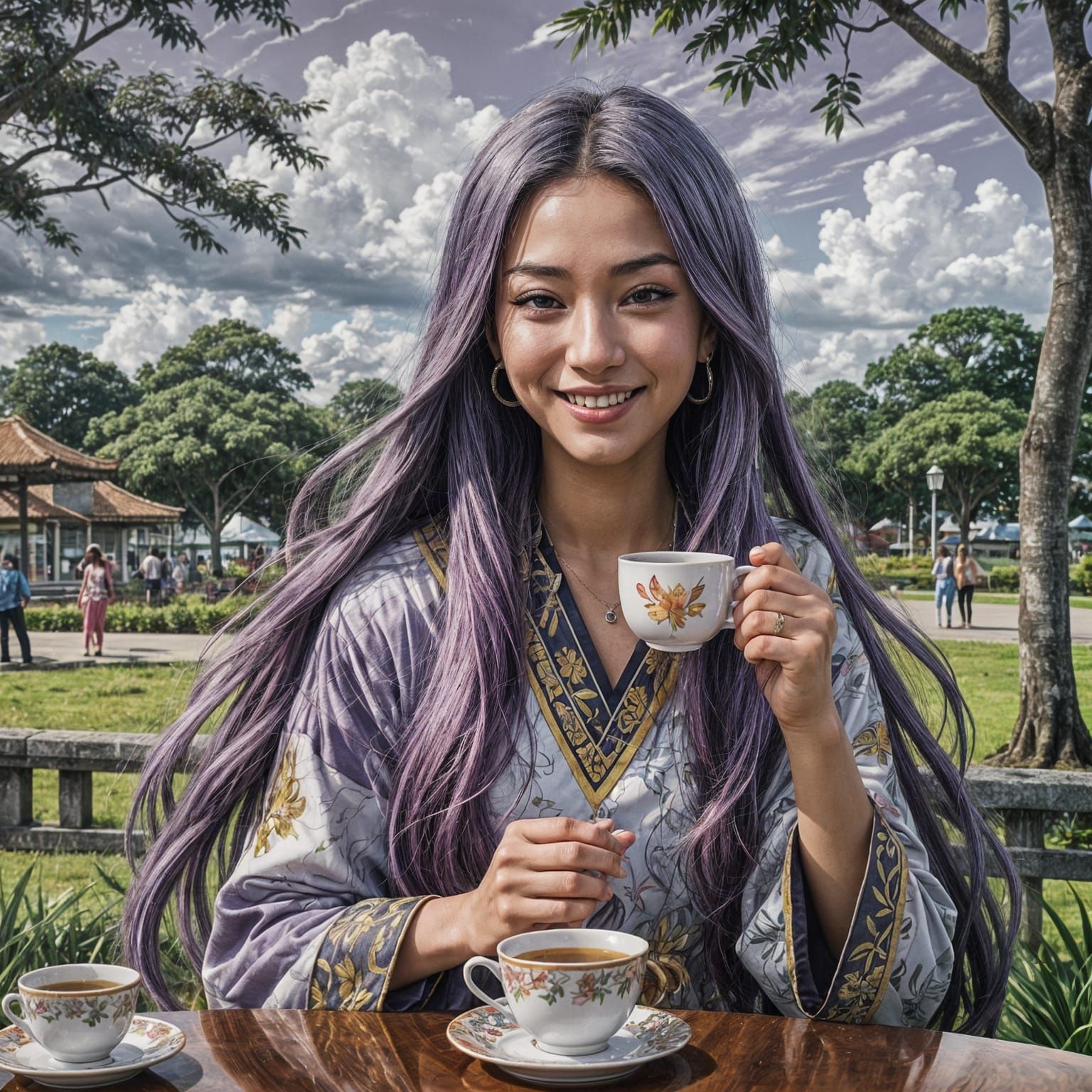 Asian Woman Drinking Tea in Anime Style