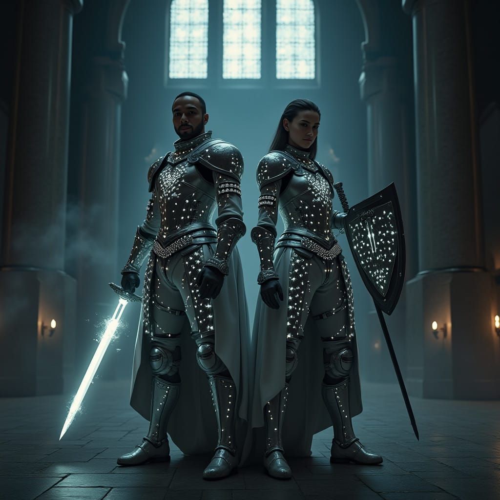 Heroic Medieval Duo Radiating Glowing Armor and Weapons