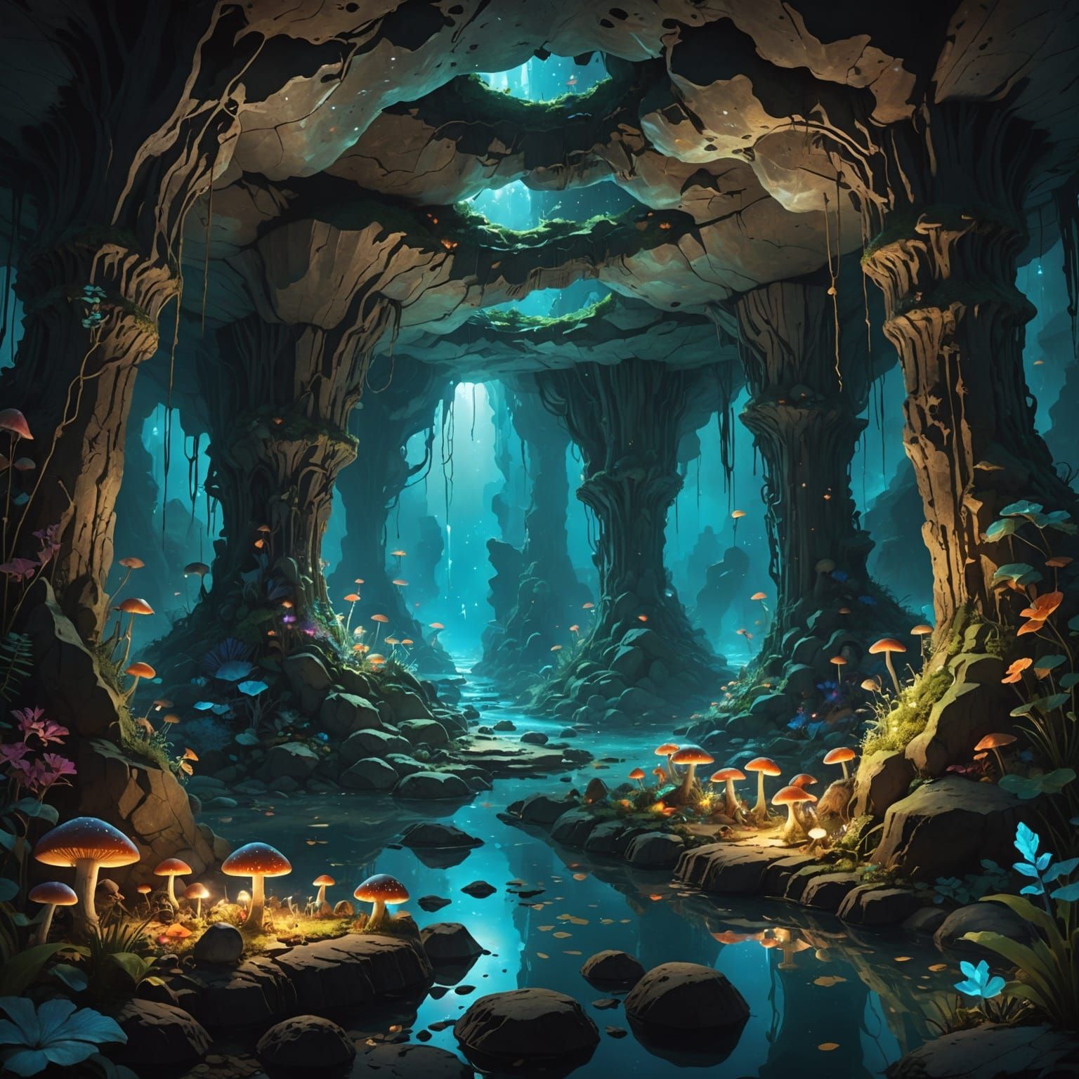 Glowing Cave with Bioluminescent Mushrooms and Crystals