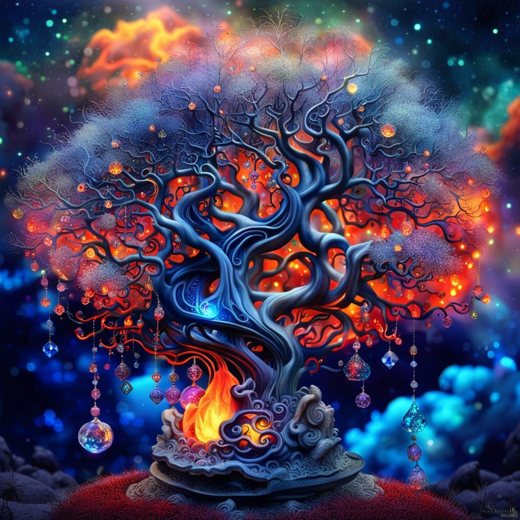 Fire Crystal Tree in Dreamy Night Sky