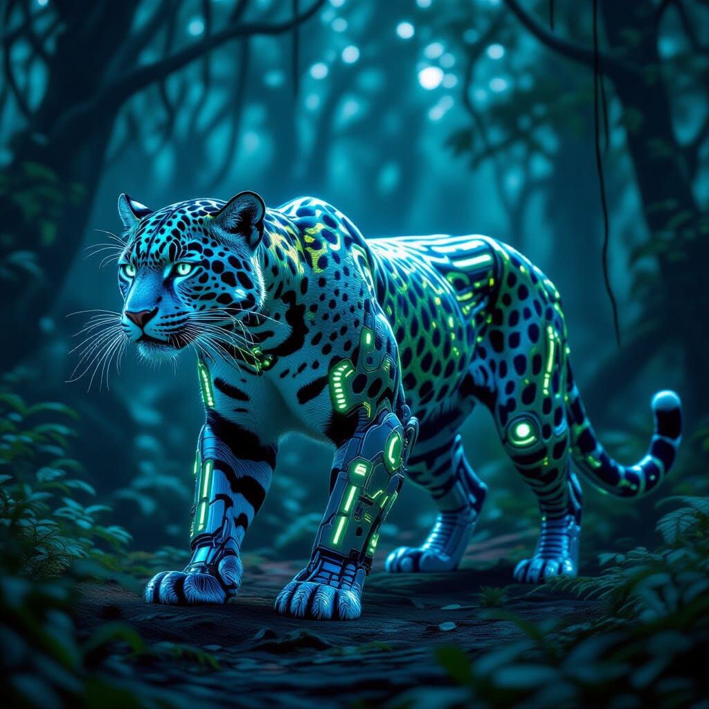 Bioluminescent Biomechanical Jaguar in Cyberpunk Forest
