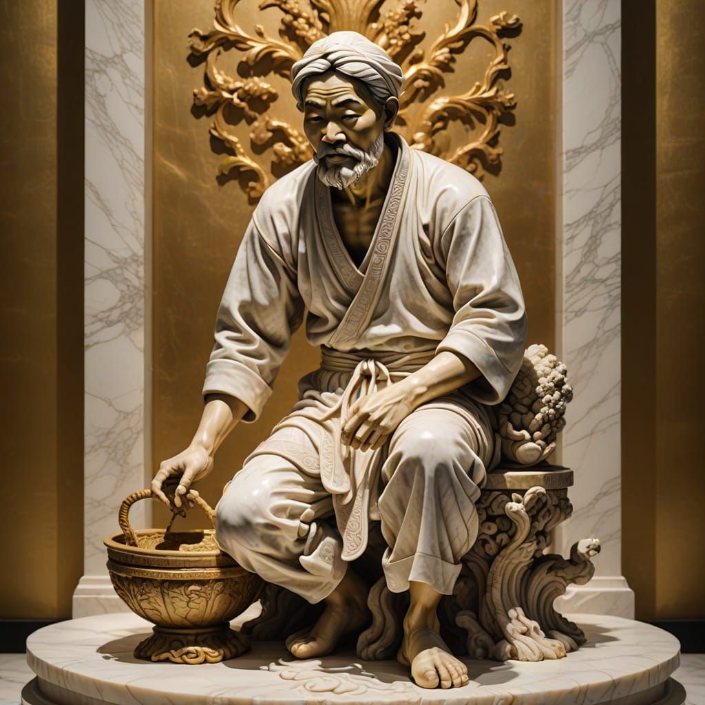 Marble Sculpture of Asian Rice Farmer in Baroque Style