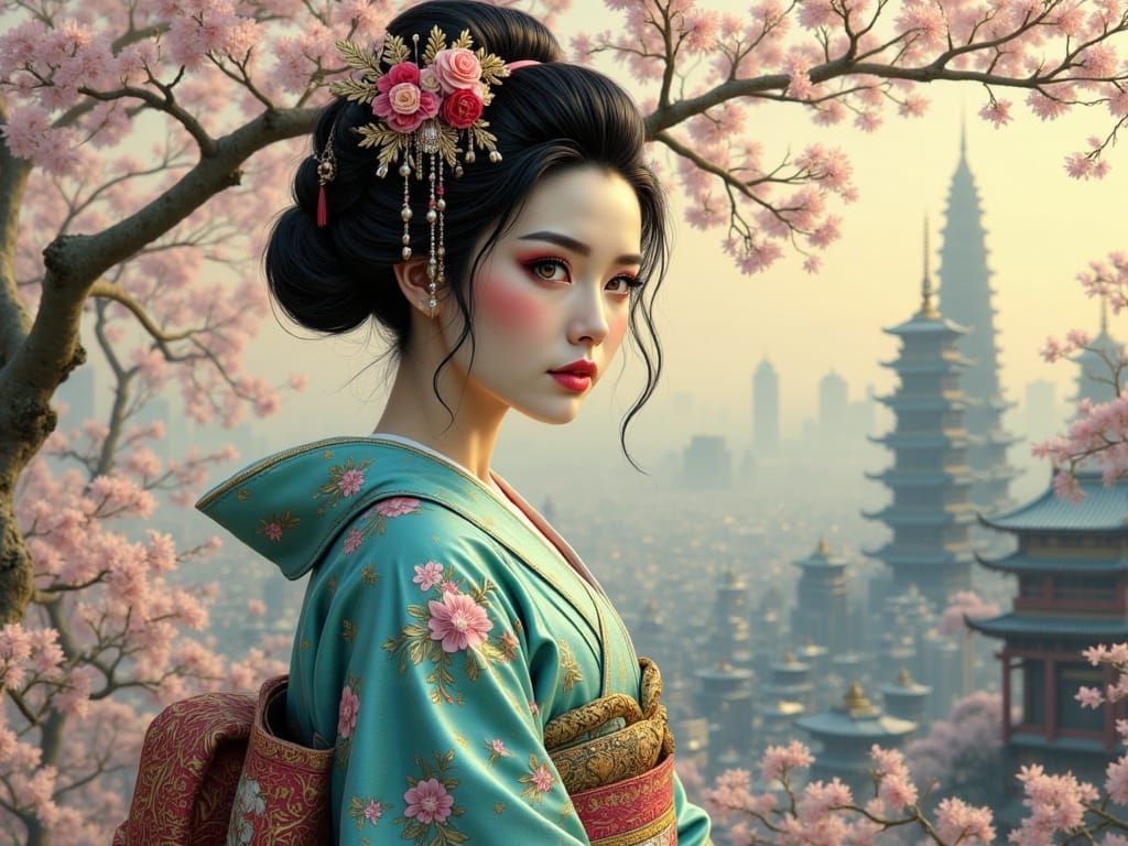 Geisha in Ukiyo-e Garden with Neon Cityscape