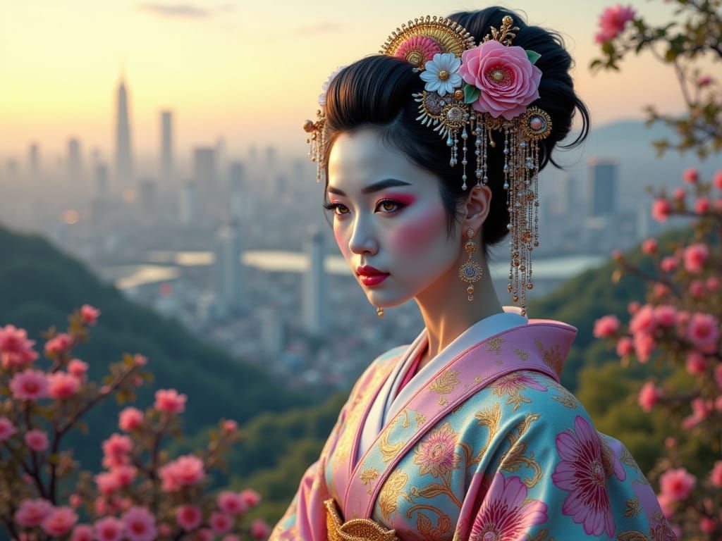 Geisha in Japanese Garden with Neon Cityscape