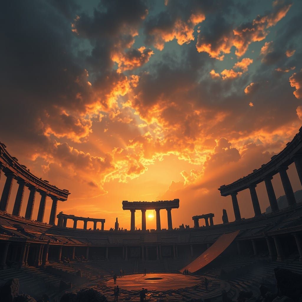 Epic Greek Arena Under Shattered Aegis at Sunset