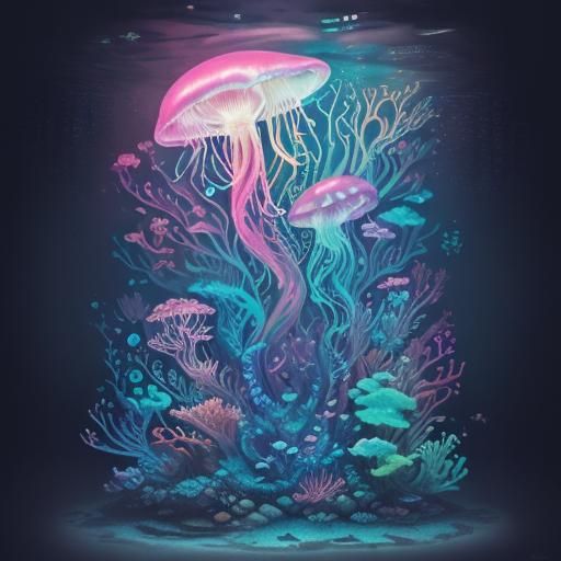 Bioluminescent Underwater Graffiti Art in Watercolor Style