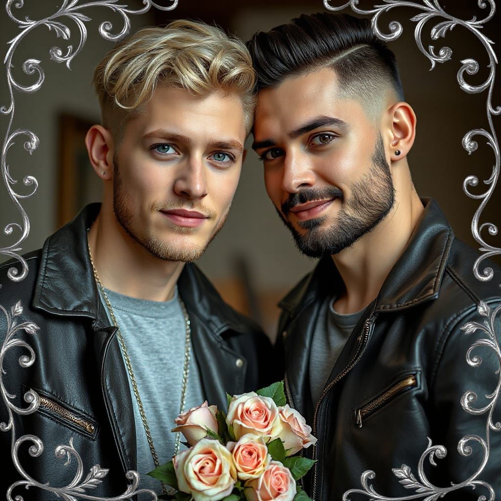 Intimate Portrait of Two Men with Roses, Silver Frame
